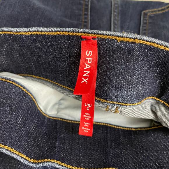 Spanx Indigo Blue Stretch Denim Flare Jeans Pull Up Slimming Comfort Womens L - Picture 13 of 17